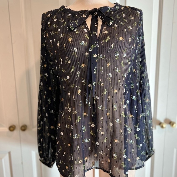 Mango Oversized See Through Navy Floral Long Sleeve Blouse - Picture 12 of 14